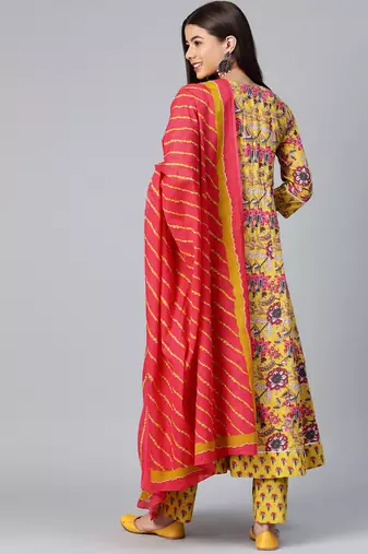 yellow color printed rayon blend styles kurta trouser with dupatta