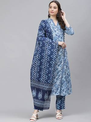 blue color printed pure cotton styles kurta trouser with dupatta 1