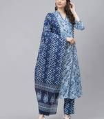 blue color printed pure cotton styles kurta trouser with dupatta