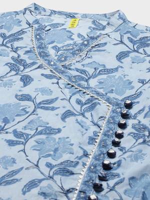 blue color printed pure cotton styles kurta trouser with dupatta 2