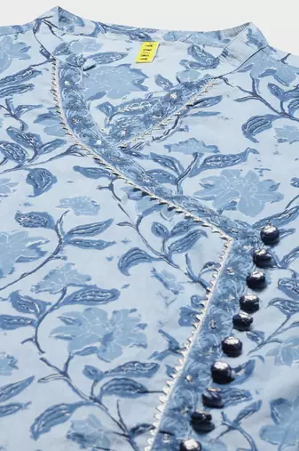 blue color printed pure cotton styles kurta trouser with dupatta