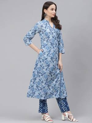 blue color printed pure cotton styles kurta trouser with dupatta 3