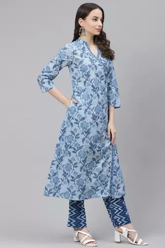 blue color printed pure cotton styles kurta trouser with dupatta