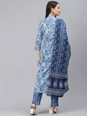 blue color printed pure cotton styles kurta trouser with dupatta 4