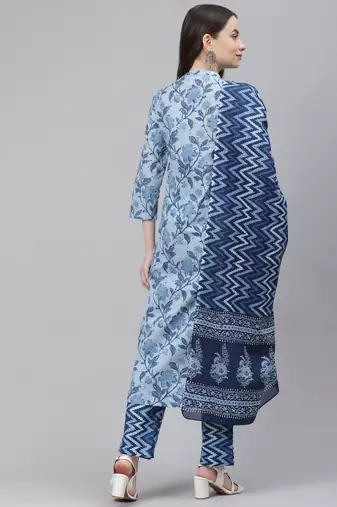 blue color printed pure cotton styles kurta trouser with dupatta