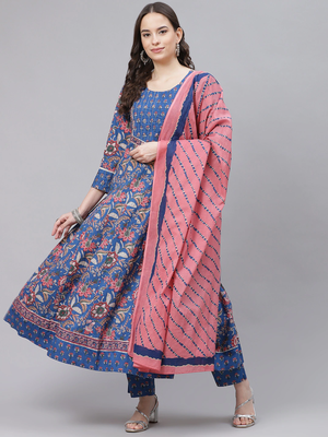 blue color printed rayon styles kurta trouser with dupatta 1
