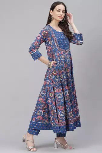 blue color printed rayon styles kurta trouser with dupatta