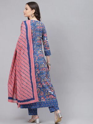 blue color printed rayon styles kurta trouser with dupatta 4