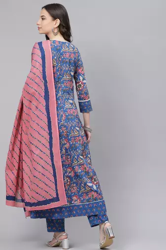 blue color printed rayon styles kurta trouser with dupatta