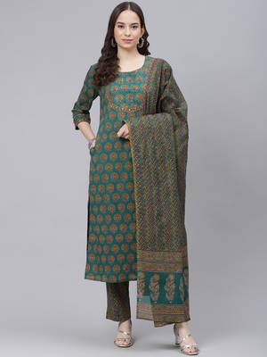 teal color printed rayon blend styles kurta trouser with dupatta 1