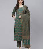 teal color printed rayon blend styles kurta trouser with dupatta