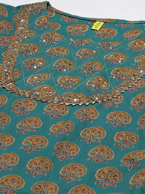 teal color printed rayon blend styles kurta trouser with dupatta 2