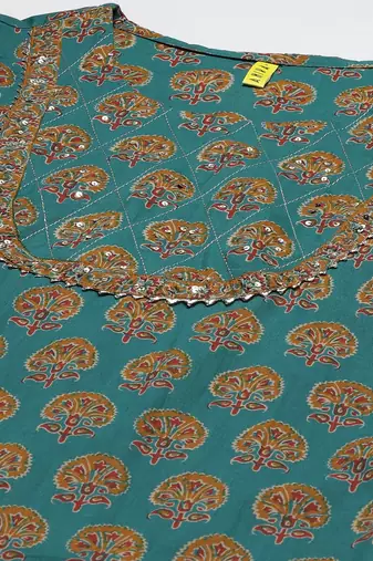 teal color printed rayon blend styles kurta trouser with dupatta