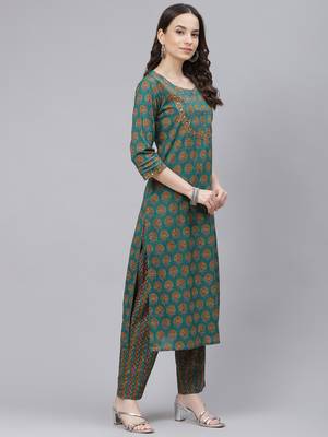teal color printed rayon blend styles kurta trouser with dupatta 3