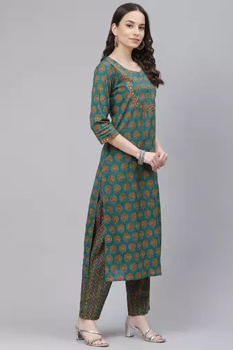 teal color printed rayon blend styles kurta trouser with dupatta