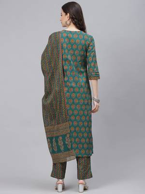 teal color printed rayon blend styles kurta trouser with dupatta 4