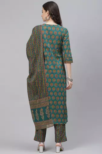 teal color printed rayon blend styles kurta trouser with dupatta
