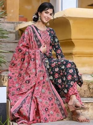 Teal color printed rayon blend styles kurta trouser with dupatta 1