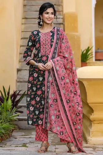 Teal color printed rayon blend styles kurta trouser with dupatta