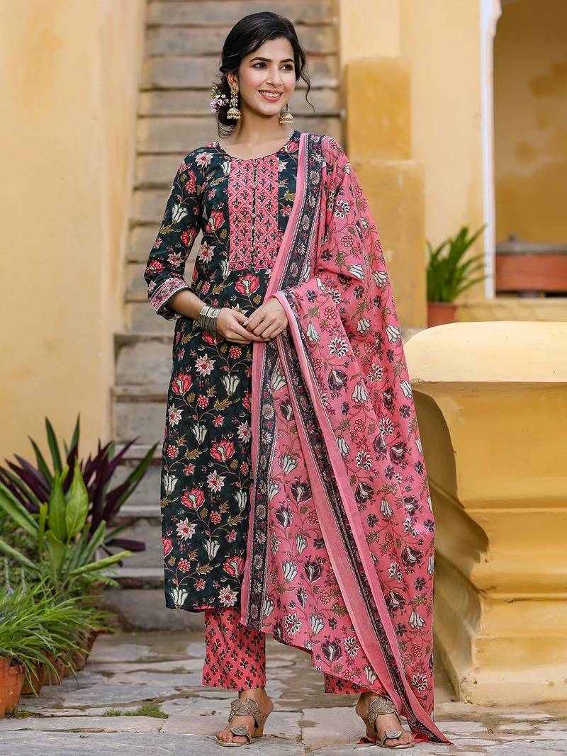 Teal color printed rayon blend styles kurta trouser with dupatta