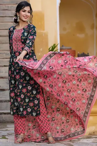 Teal color printed rayon blend styles kurta trouser with dupatta