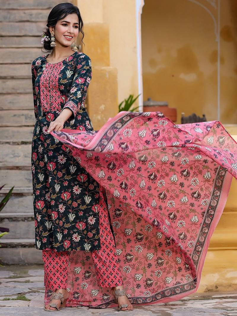 Teal color printed rayon blend styles kurta trouser with dupatta