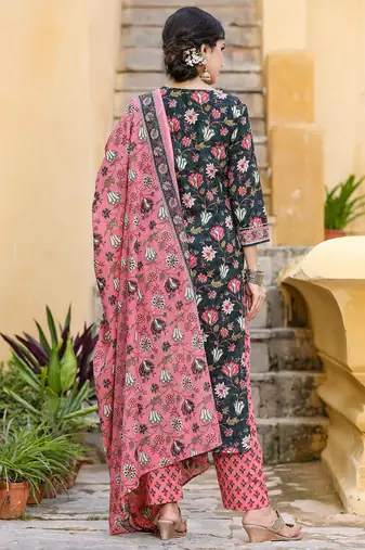 Teal color printed rayon blend styles kurta trouser with dupatta