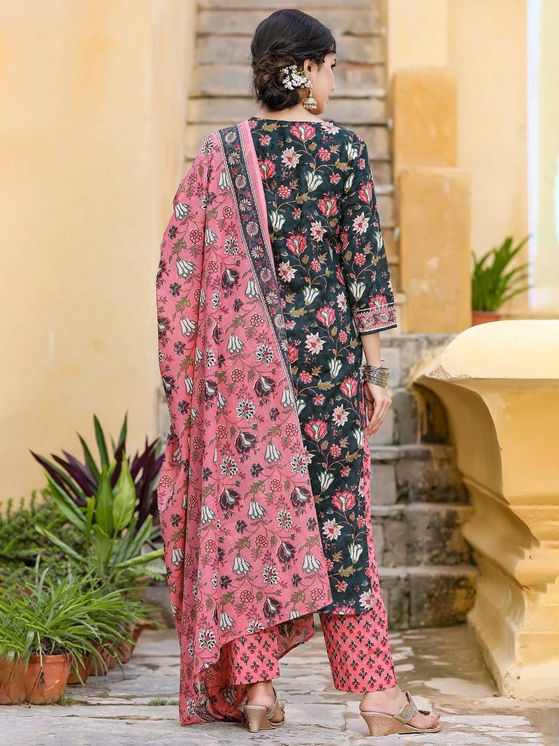 Teal color printed rayon blend styles kurta trouser with dupatta