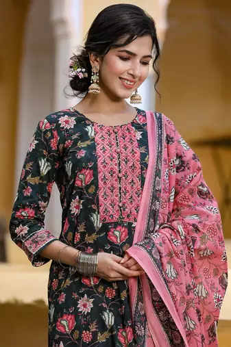 Teal color printed rayon blend styles kurta trouser with dupatta