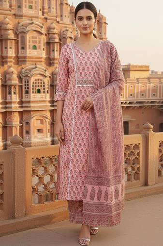 pink color printed pure cotton styles kurta trouser with dupatta
