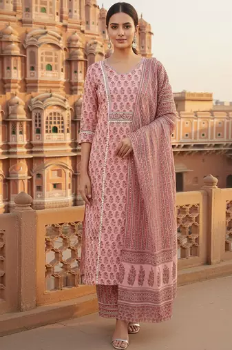 pink color printed pure cotton styles kurta trouser with dupatta