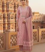 pink color printed pure cotton styles kurta trouser with dupatta