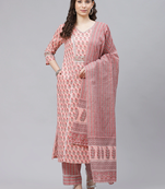 pink color printed pure cotton styles kurta trouser with dupatta