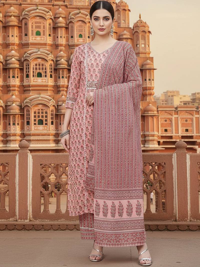pink color printed pure cotton styles kurta trouser with dupatta