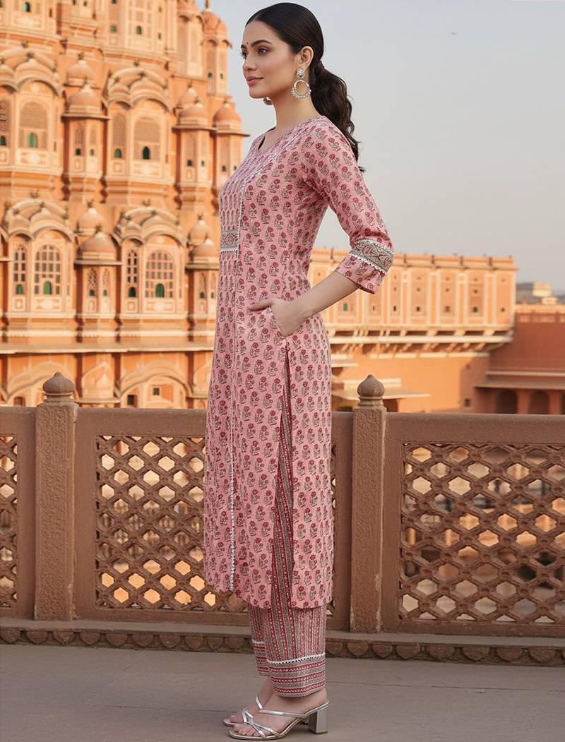 pink color printed pure cotton styles kurta trouser with dupatta
