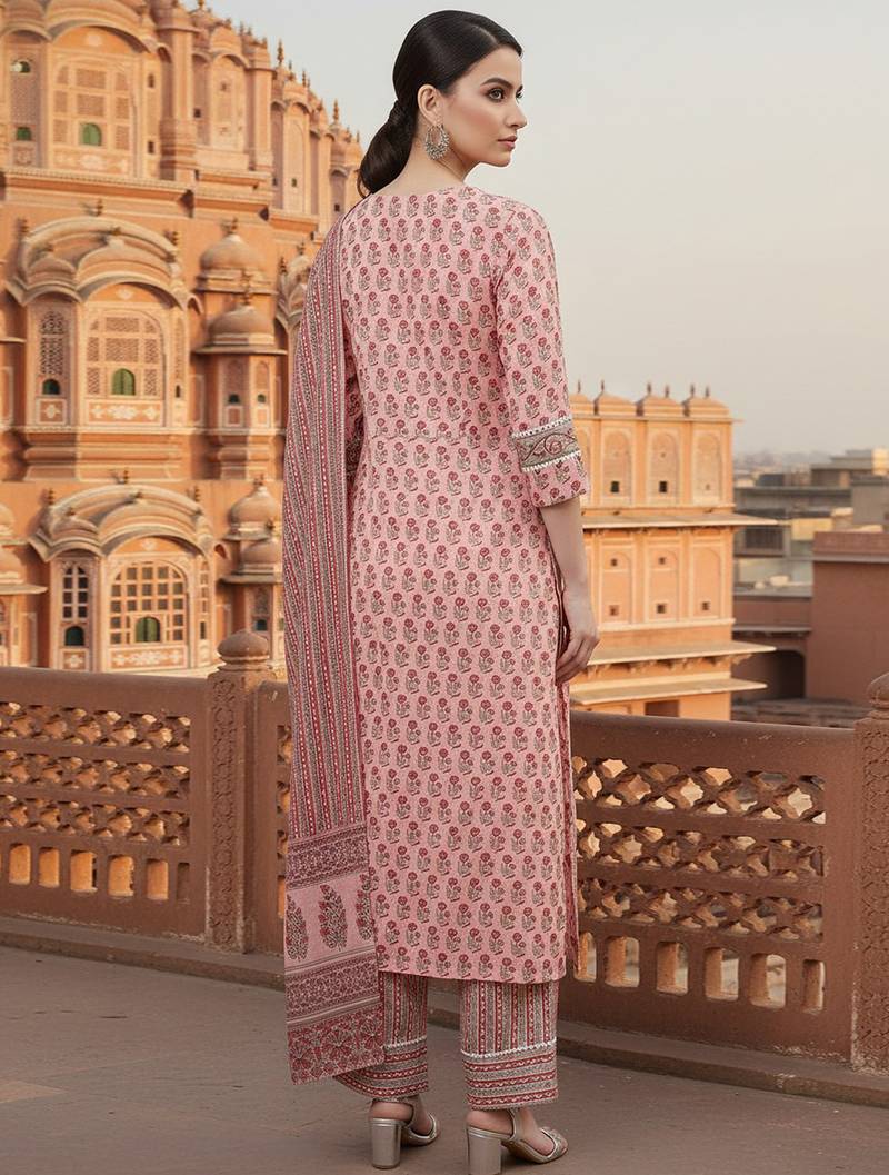 pink color printed pure cotton styles kurta trouser with dupatta