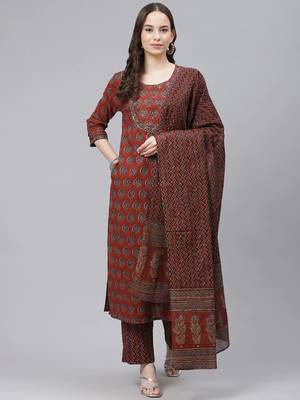 rust color printed rayon styles kurta trouser with dupatta 1