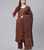 rust color printed rayon styles kurta trouser with dupatta