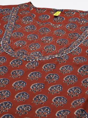 rust color printed rayon styles kurta trouser with dupatta 2