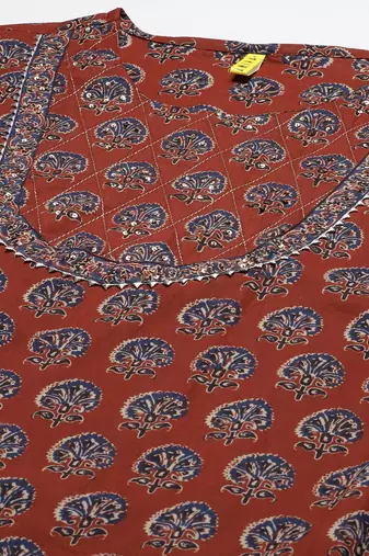 rust color printed rayon styles kurta trouser with dupatta