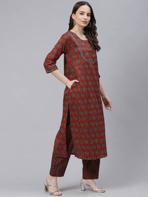 rust color printed rayon styles kurta trouser with dupatta 3