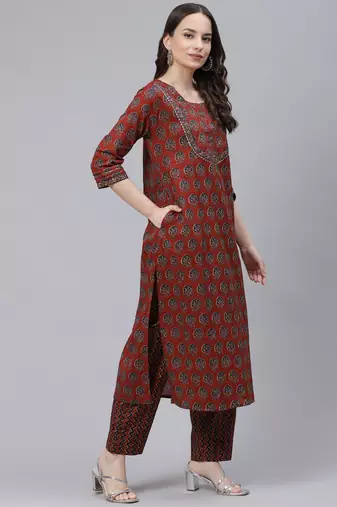 rust color printed rayon styles kurta trouser with dupatta