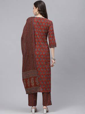 rust color printed rayon styles kurta trouser with dupatta 4