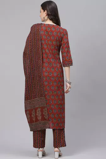 rust color printed rayon styles kurta trouser with dupatta