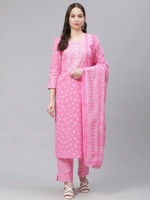 pink color printed pure cotton styles kurta trouser with dupatta 1