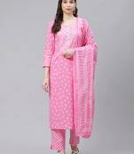 pink color printed pure cotton styles kurta trouser with dupatta