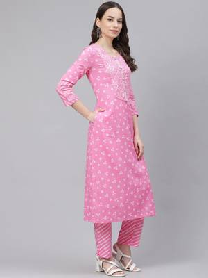 pink color printed pure cotton styles kurta trouser with dupatta 3