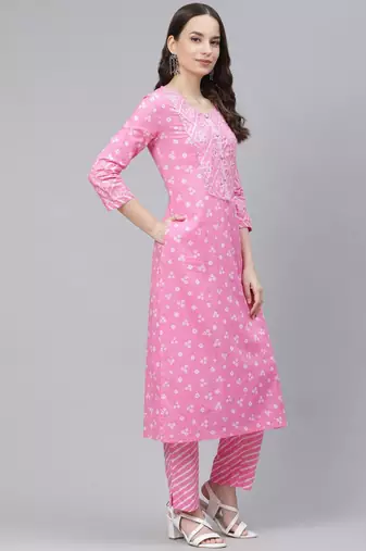pink color printed pure cotton styles kurta trouser with dupatta