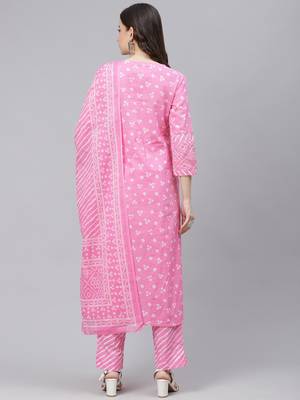 pink color printed pure cotton styles kurta trouser with dupatta 4