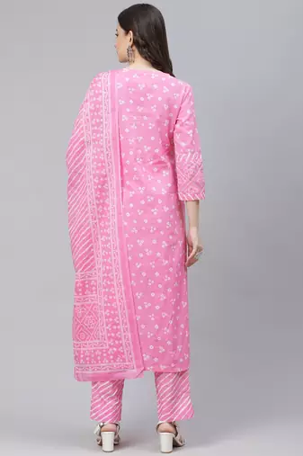 pink color printed pure cotton styles kurta trouser with dupatta